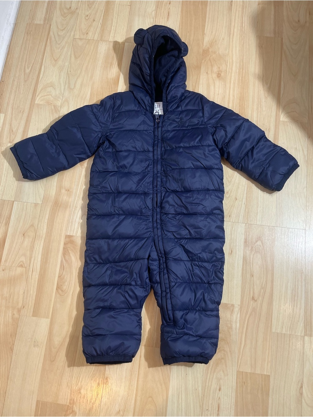 Baby Gap puffer navy snowsuit with small bear ears on the hood 0-6 months
